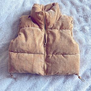 Womens Small Corduroy Cropped Puffer Vest Zip Up Stand Collar Padded Quilted